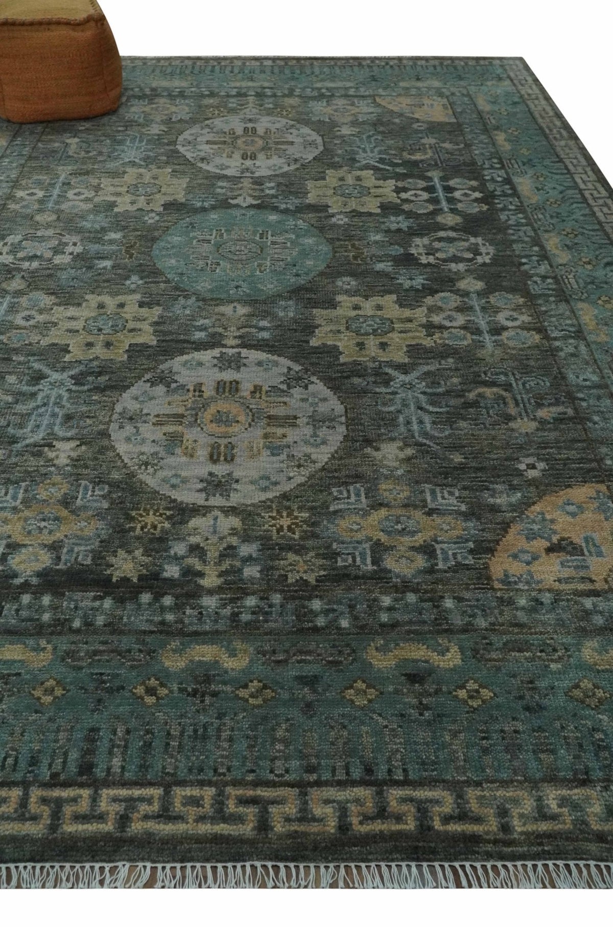Hand Knotted Charcoal, and Aqua Oriental Khotan Multi Size Traditional Wool Area Rug.