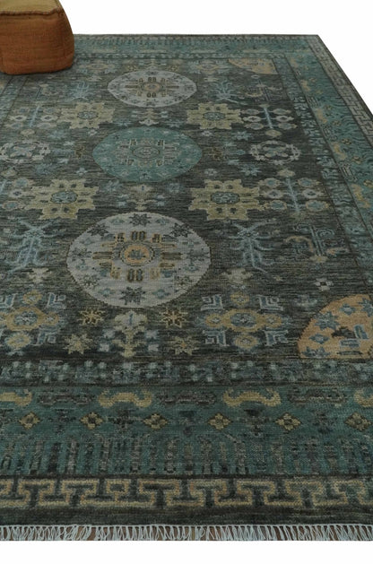 Hand Knotted Charcoal, and Aqua Oriental Khotan Multi Size Traditional Wool Area Rug.