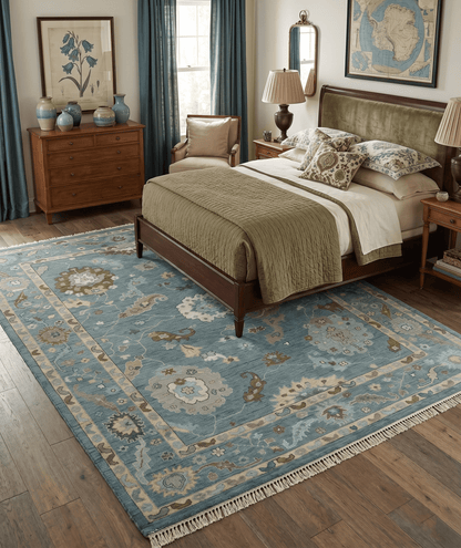 Hand Knotted Charcoal and Brown Traditional Oushak Wool Rug.
