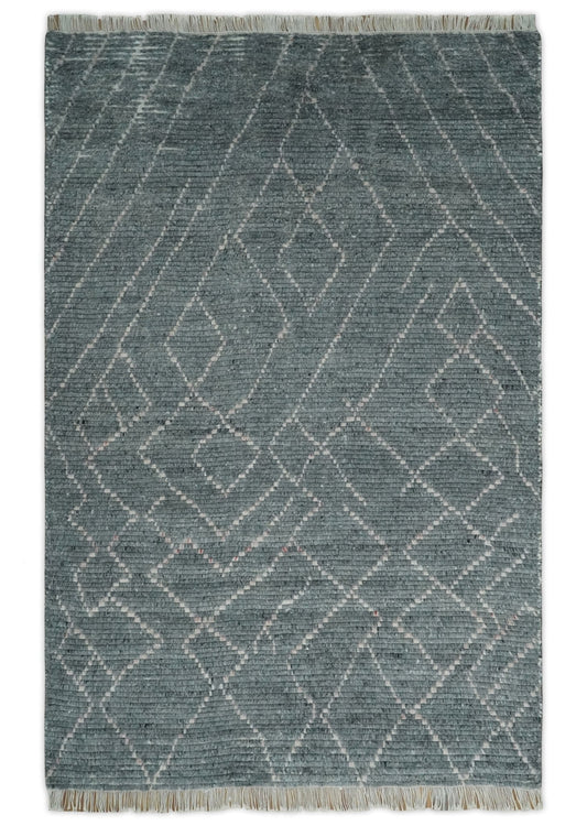 Custom Made Hand Knotted Charcoal and Ivory Moroccan Trellis Rug.
