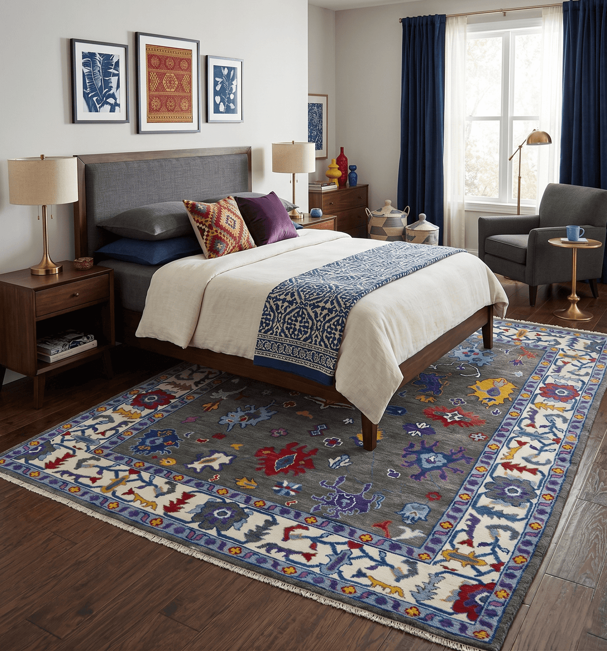 Hand Knotted Charcoal and Ivory Traditional Oushak Style Wool Rug.
