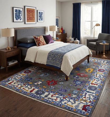 Hand Knotted Charcoal and Ivory Traditional Oushak Style Wool Rug.