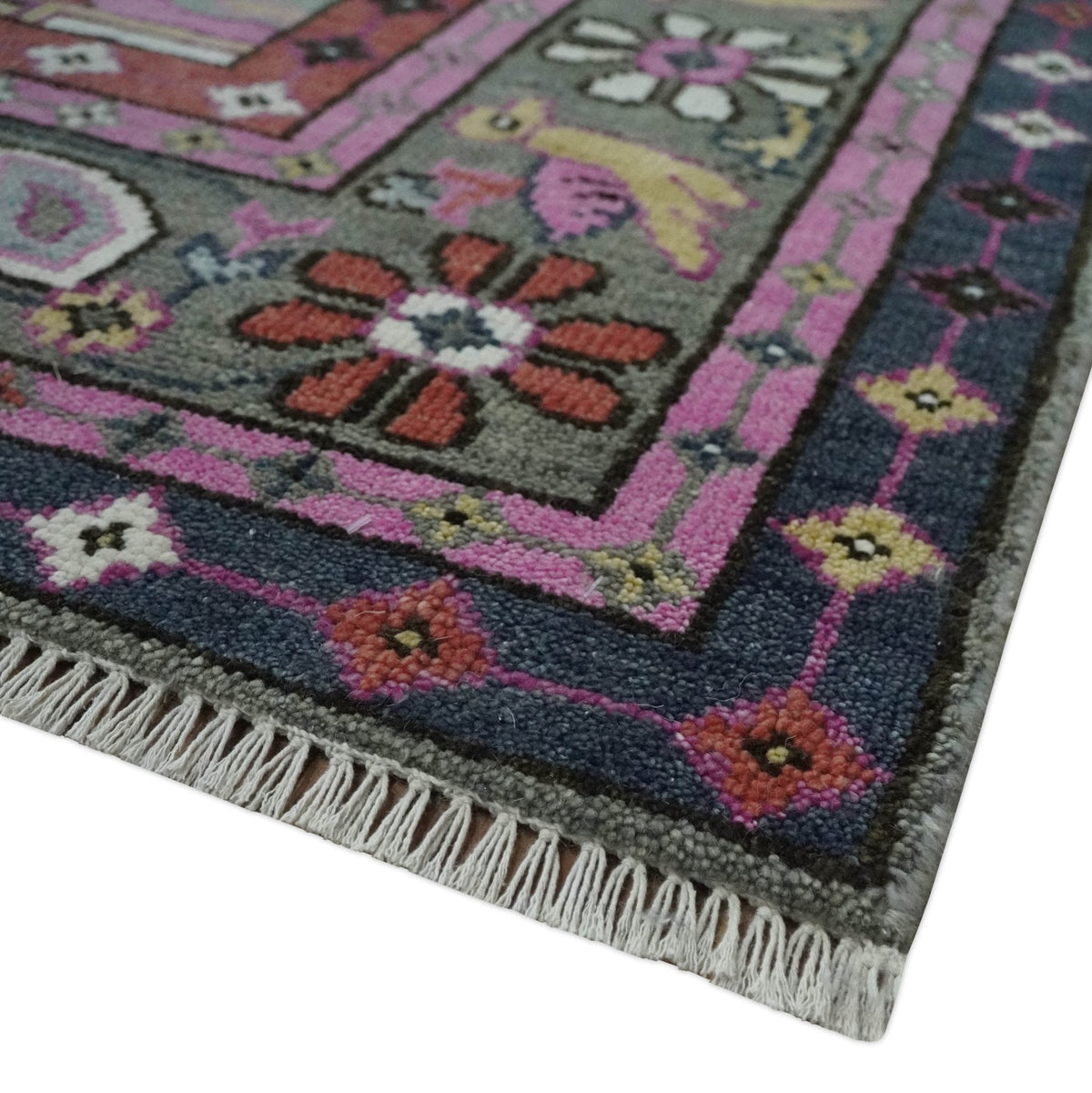 Hand Knotted Charcoal, Silver and Pink Traditional Custom Made Wool Area Rug.