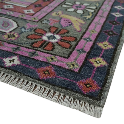 Hand Knotted Charcoal, Silver and Pink Traditional Custom Made Wool Area Rug.