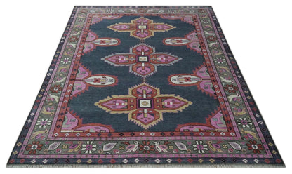 Hand Knotted Charcoal, Silver and Pink Traditional Custom Made Wool Area Rug.