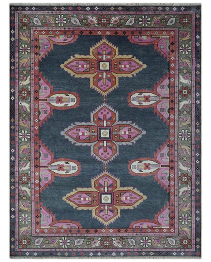 Hand Knotted Charcoal, Silver and Pink Traditional Custom Made Wool Area Rug.