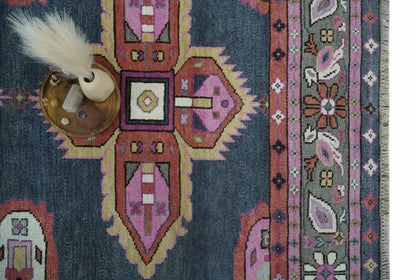 Hand Knotted Charcoal, Silver and Pink Traditional Custom Made Wool Area Rug.