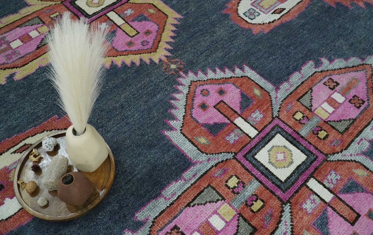 Hand Knotted Charcoal, Silver and Pink Traditional Custom Made Wool Area Rug.