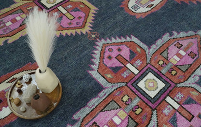 Hand Knotted Charcoal, Silver and Pink Traditional Custom Made Wool Area Rug.
