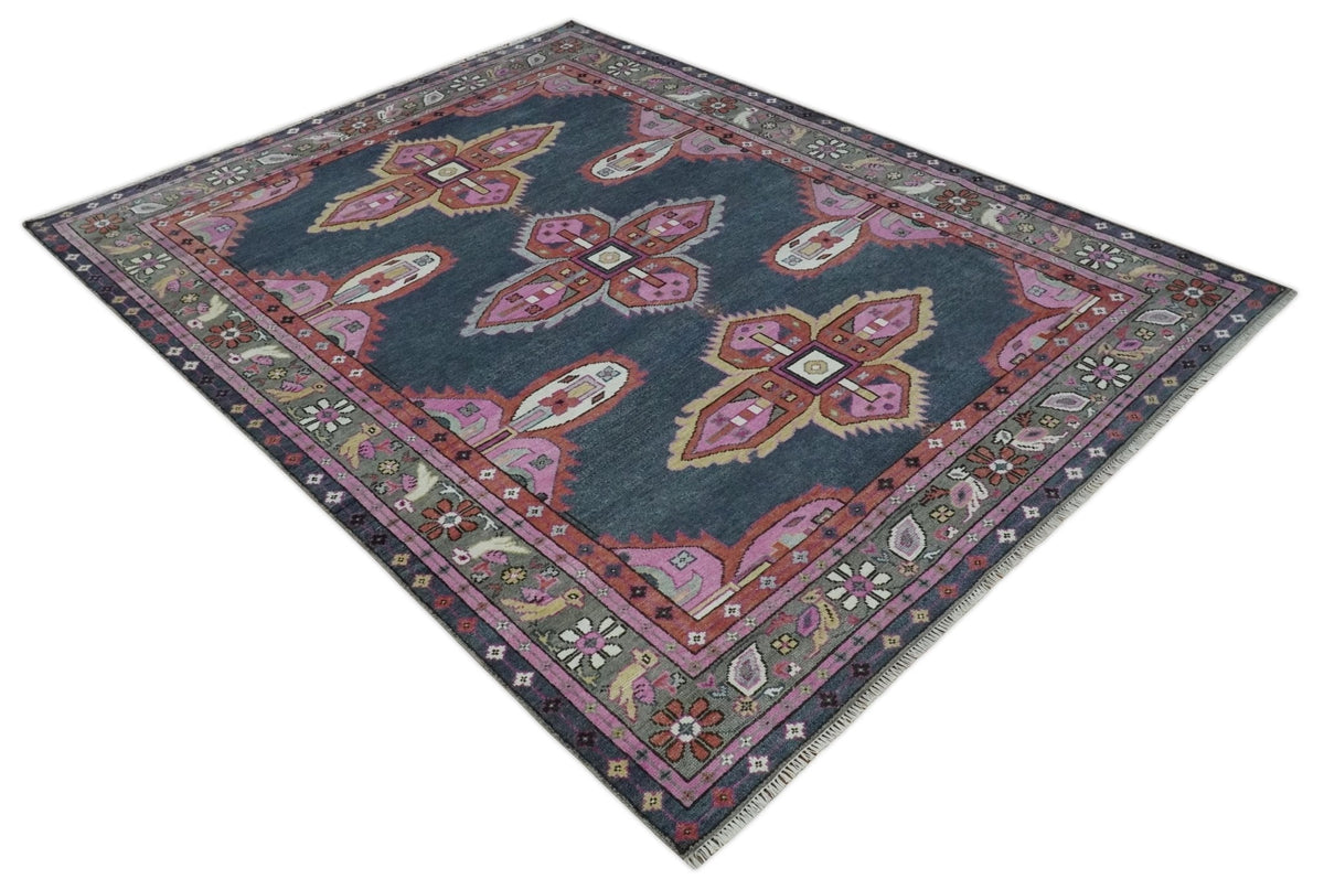 Hand Knotted Charcoal, Silver and Pink Traditional Custom Made Wool Area Rug.