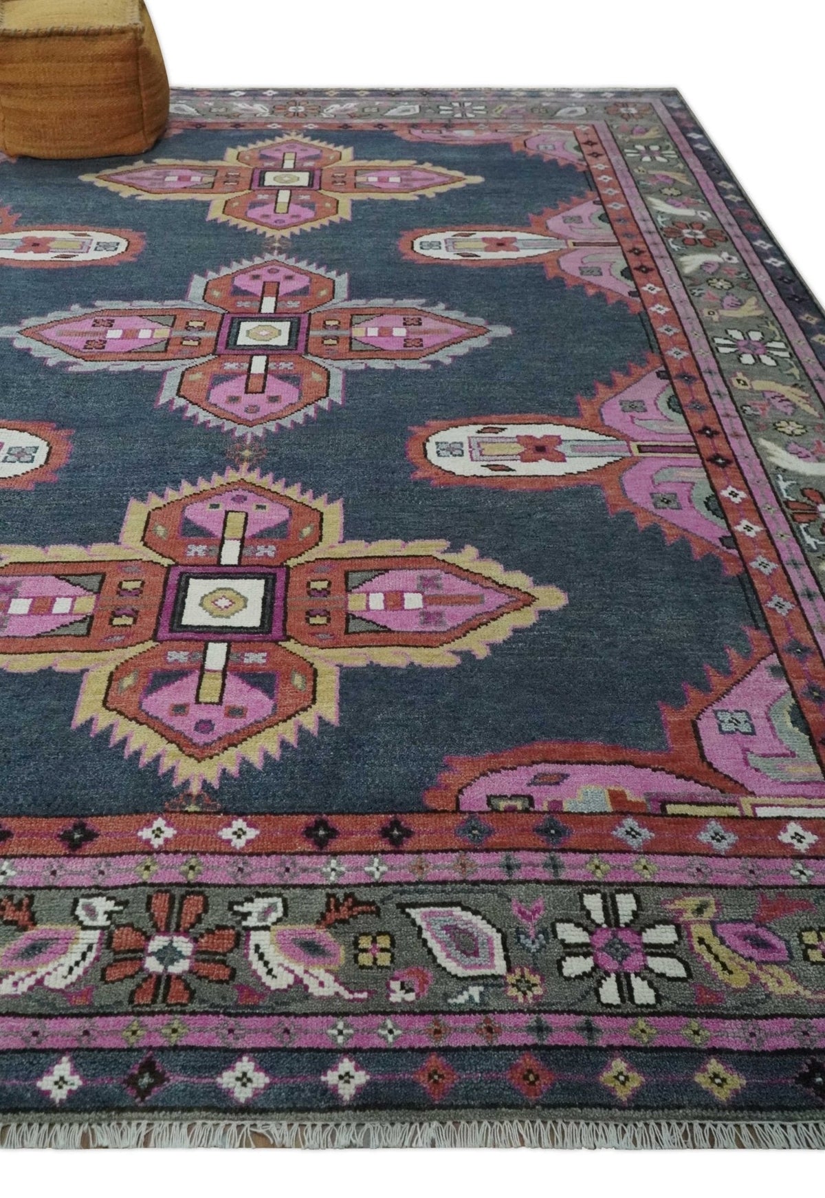 Hand Knotted Charcoal, Silver and Pink Traditional Custom Made Wool Area Rug.