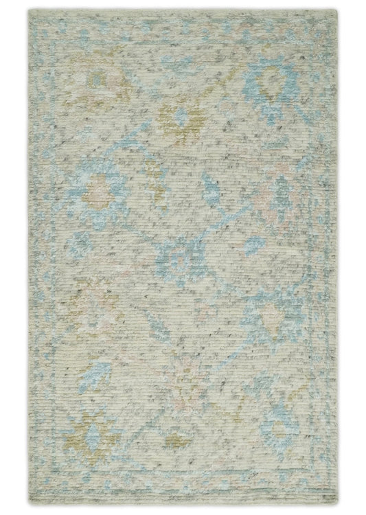 Modern Contemporary Ivory and Blue Hand Knotted Wool Rug.
