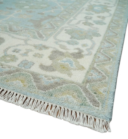 Hand Knotted Custom Made Oriental Oushak Aqua, Ivory and Beige Wool Area Rug.