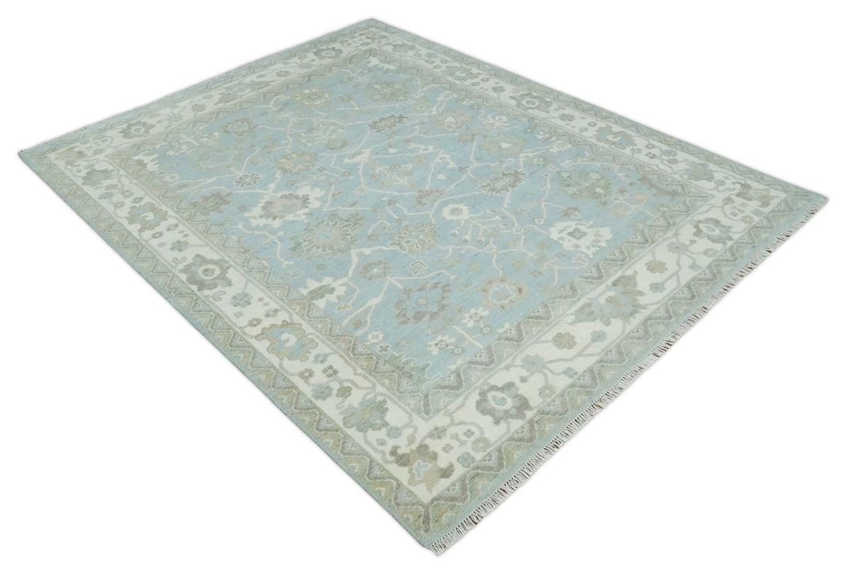 Hand Knotted Custom Made Oriental Oushak Aqua, Ivory and Beige Wool Area Rug.