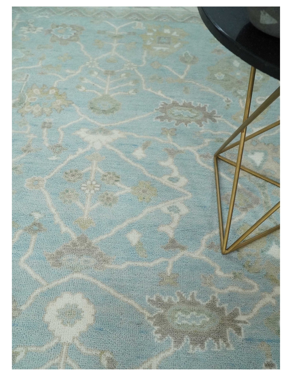 Hand Knotted Custom Made Oriental Oushak Aqua, Ivory and Beige Wool Area Rug.