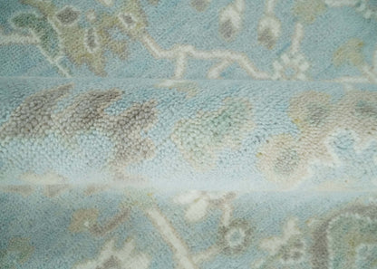 Hand Knotted Custom Made Oriental Oushak Aqua, Ivory and Beige Wool Area Rug.