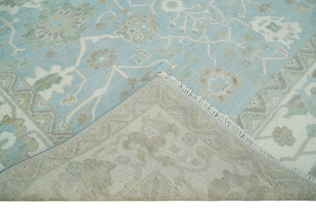 Hand Knotted Custom Made Oriental Oushak Aqua, Ivory and Beige Wool Area Rug.