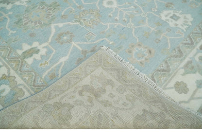 Hand Knotted Custom Made Oriental Oushak Aqua, Ivory and Beige Wool Area Rug.