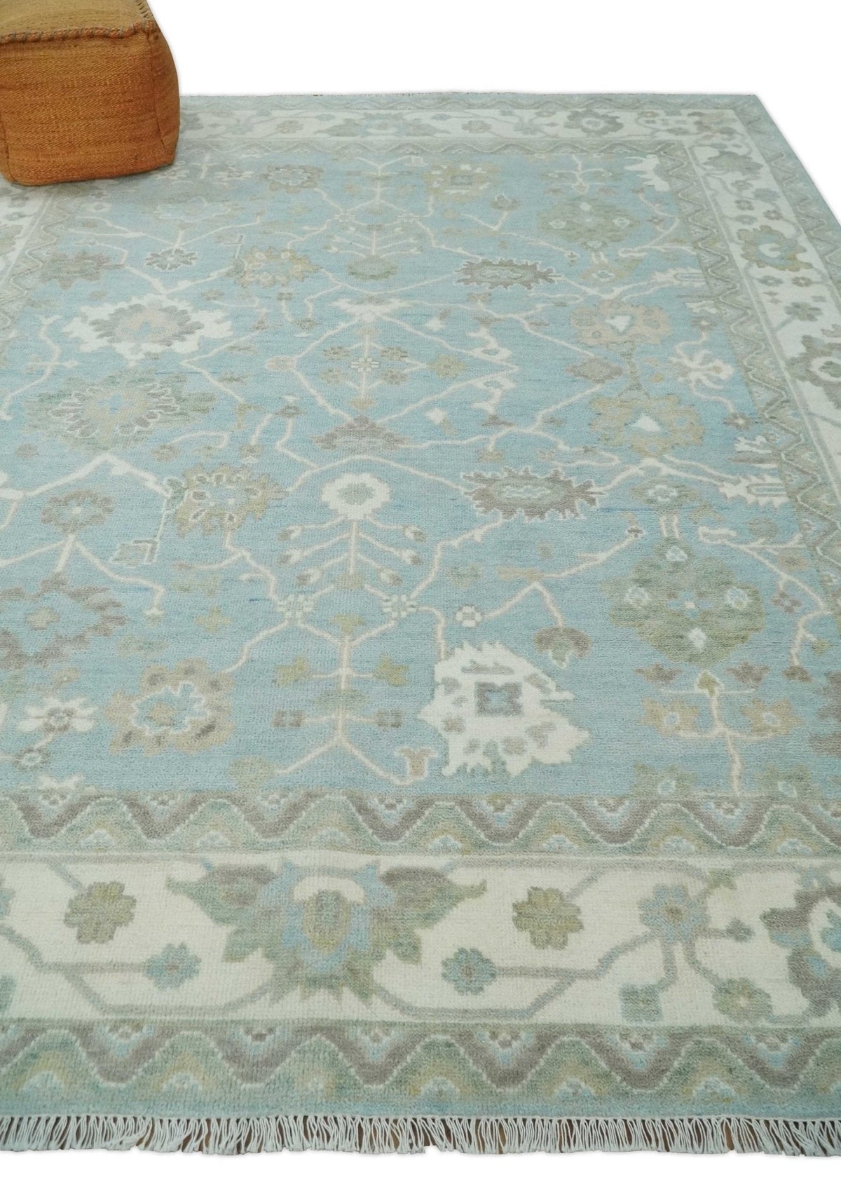Hand Knotted Custom Made Oriental Oushak Aqua, Ivory and Beige Wool Area Rug.