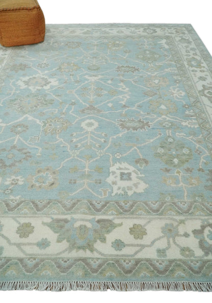 Hand Knotted Custom Made Oriental Oushak Aqua, Ivory and Beige Wool Area Rug.
