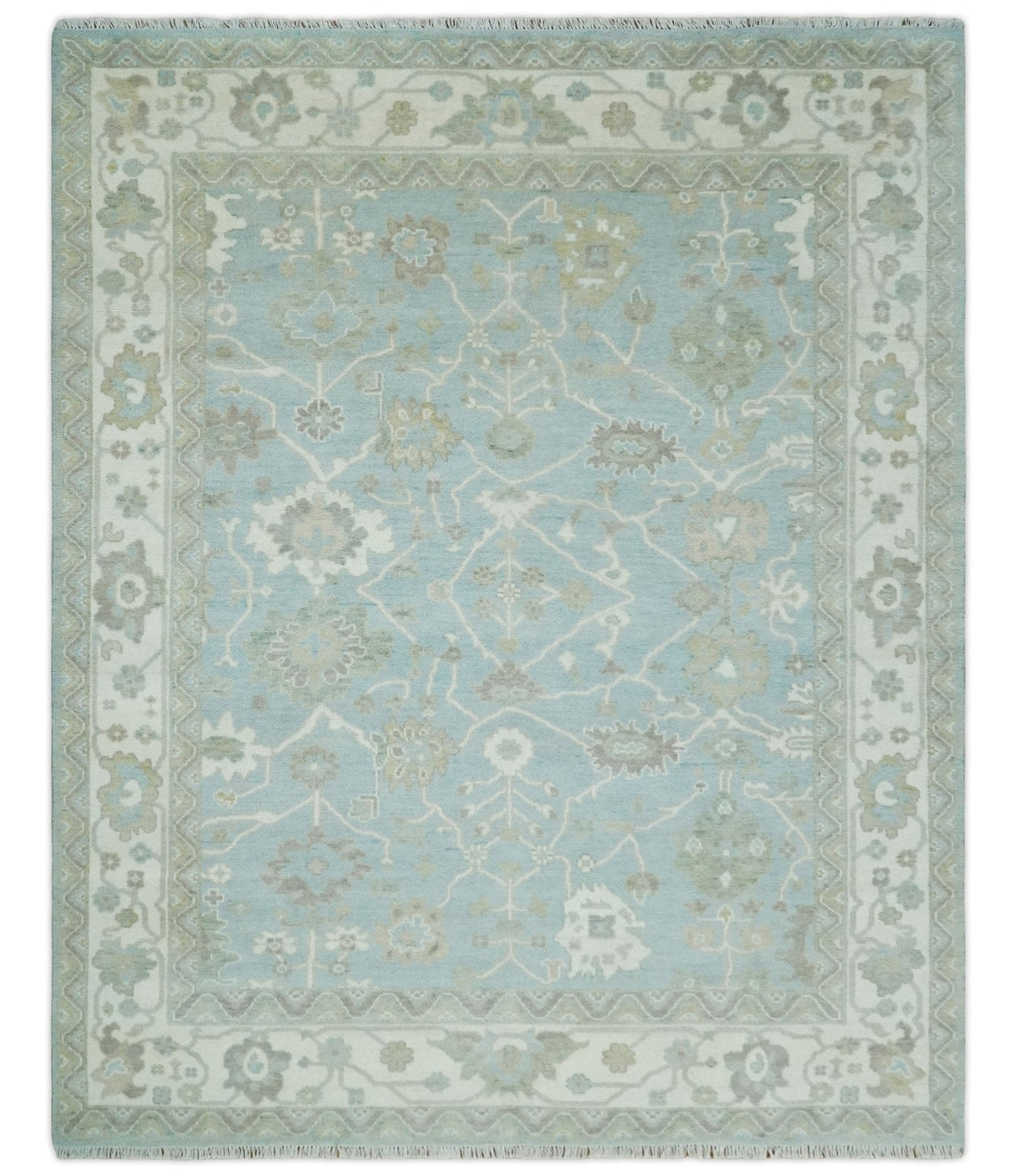 Hand Knotted Custom Made Oriental Oushak Aqua, Ivory and Beige Wool Area Rug.
