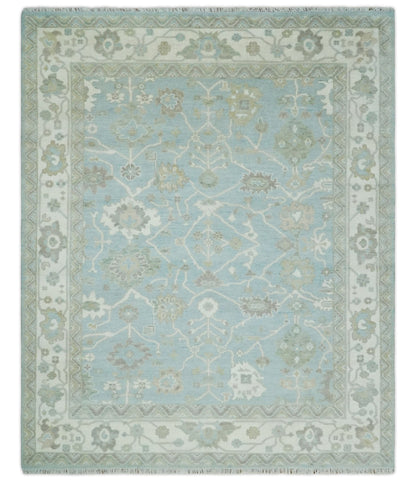 Hand Knotted Custom Made Oriental Oushak Aqua, Ivory and Beige Wool Area Rug.