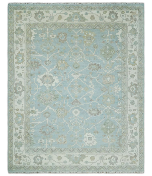 Hand Knotted Custom Made Oriental Oushak Aqua, Ivory and Beige Wool Area Rug.