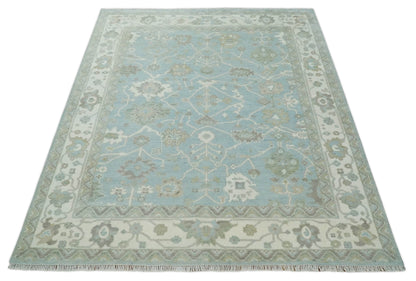 Hand Knotted Custom Made Oriental Oushak Aqua, Ivory and Beige Wool Area Rug.