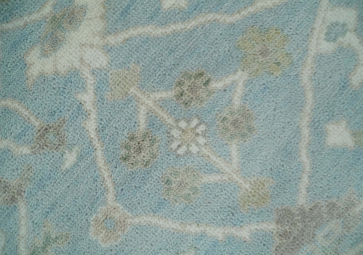 Hand Knotted Custom Made Oriental Oushak Aqua, Ivory and Beige Wool Area Rug.
