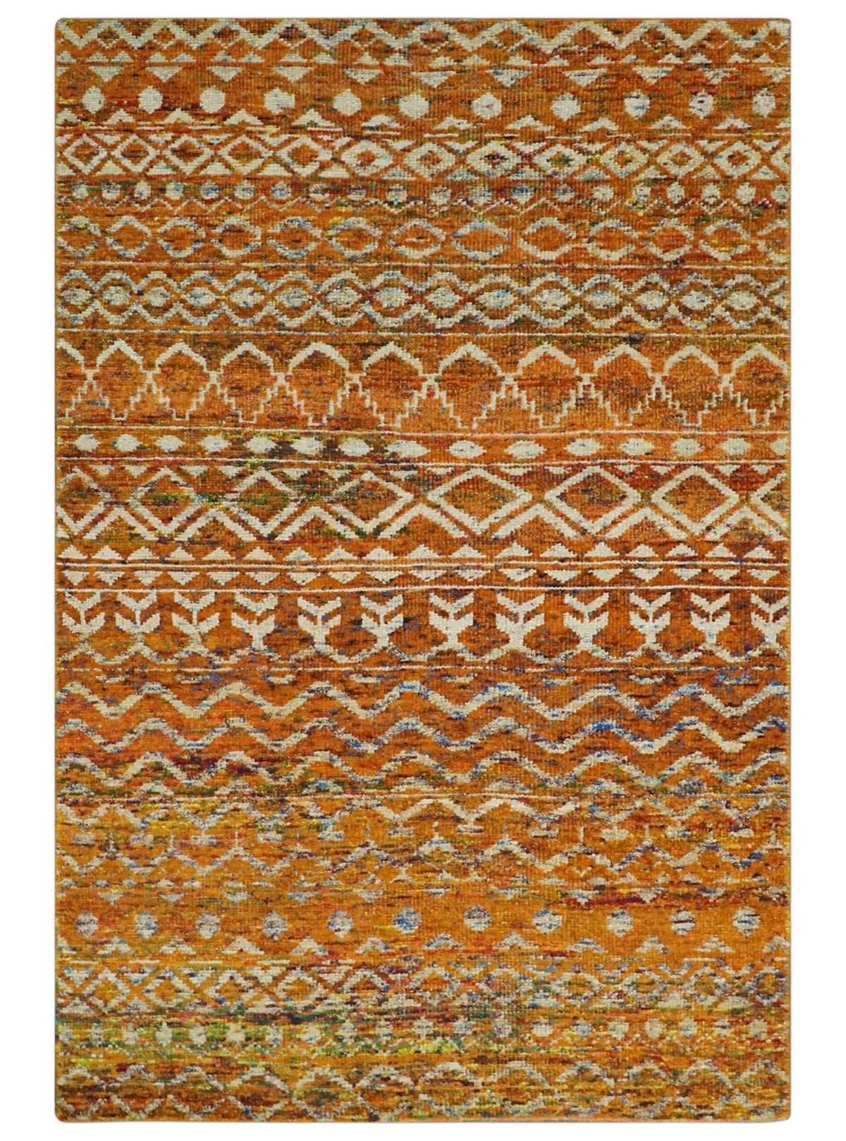 Hand Knotted Gold, Rust and Ivory Modern Contemporary Tribal Trellis Recycled Silk Area Rug.