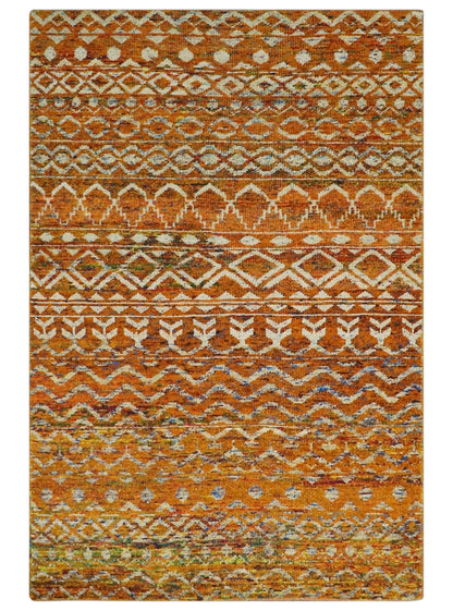 Hand Knotted Gold, Rust and Ivory Modern Contemporary Tribal Trellis Recycled Silk Area Rug.