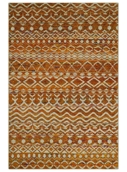 Hand Knotted Gold, Rust and Ivory Modern Contemporary Tribal Trellis Recycled Silk Area Rug.