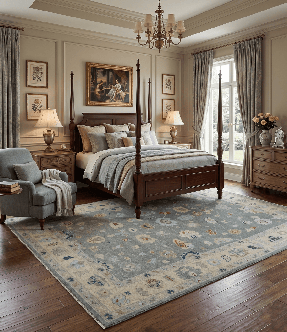Hand knotted Gray and Beige Traditional Oushak Wool Area Rug.