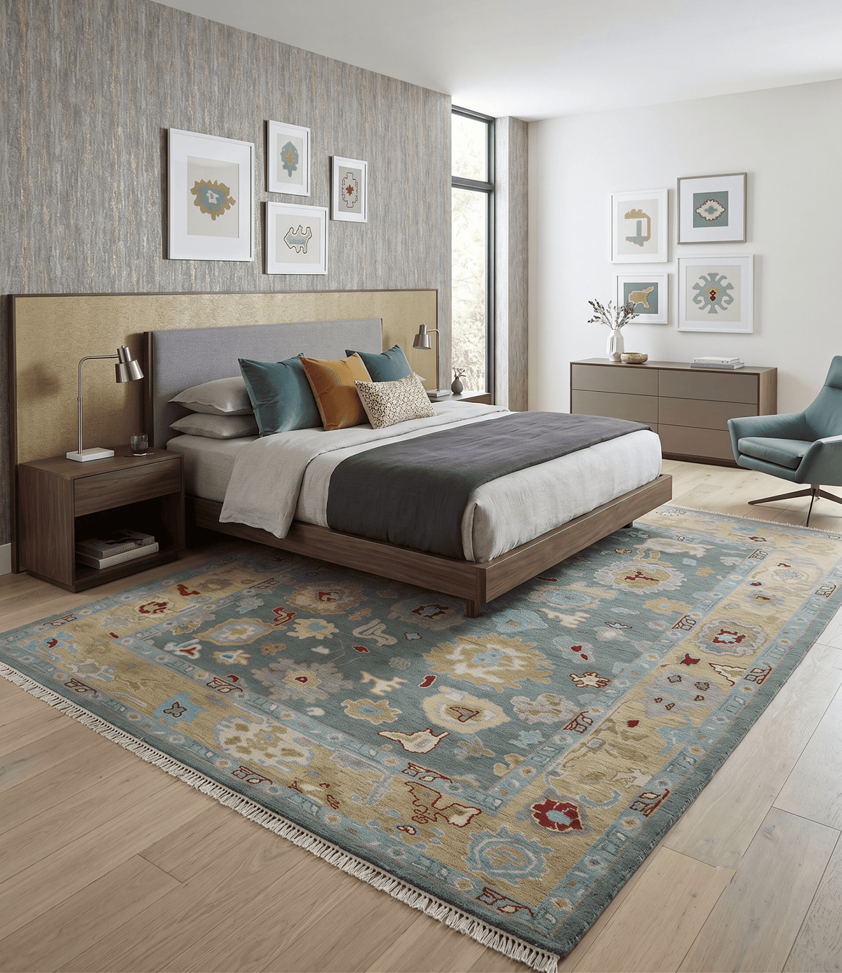 Hand Knotted Gray and Beige Traditional Oushak Wool Area Rug.