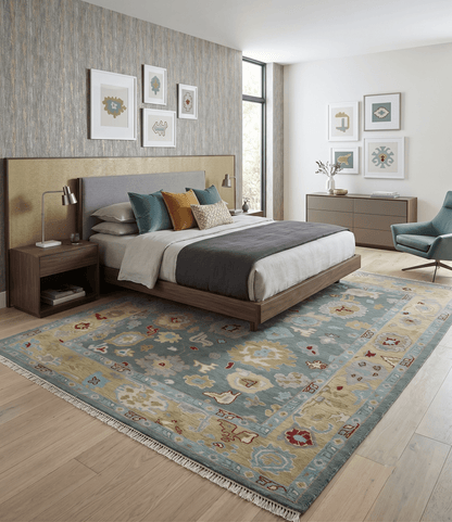 Hand Knotted Gray and Beige Traditional Oushak Wool Area Rug.