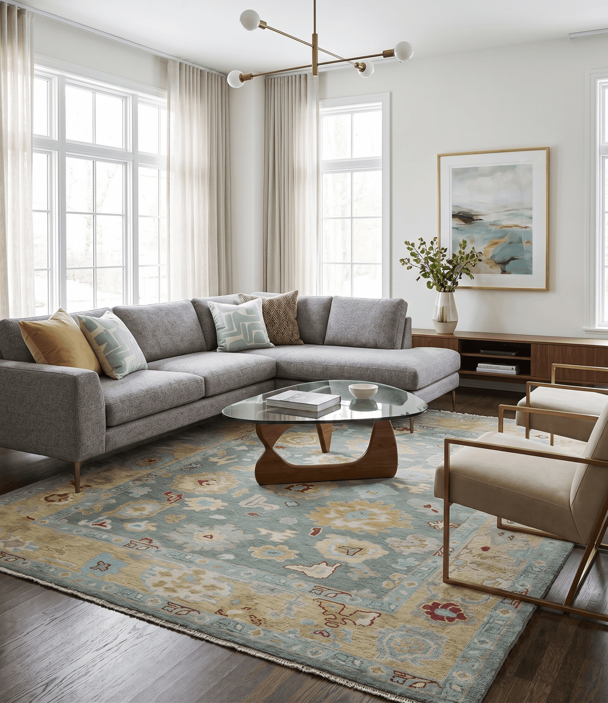 Hand Knotted Gray and Beige Traditional Oushak Wool Area Rug.