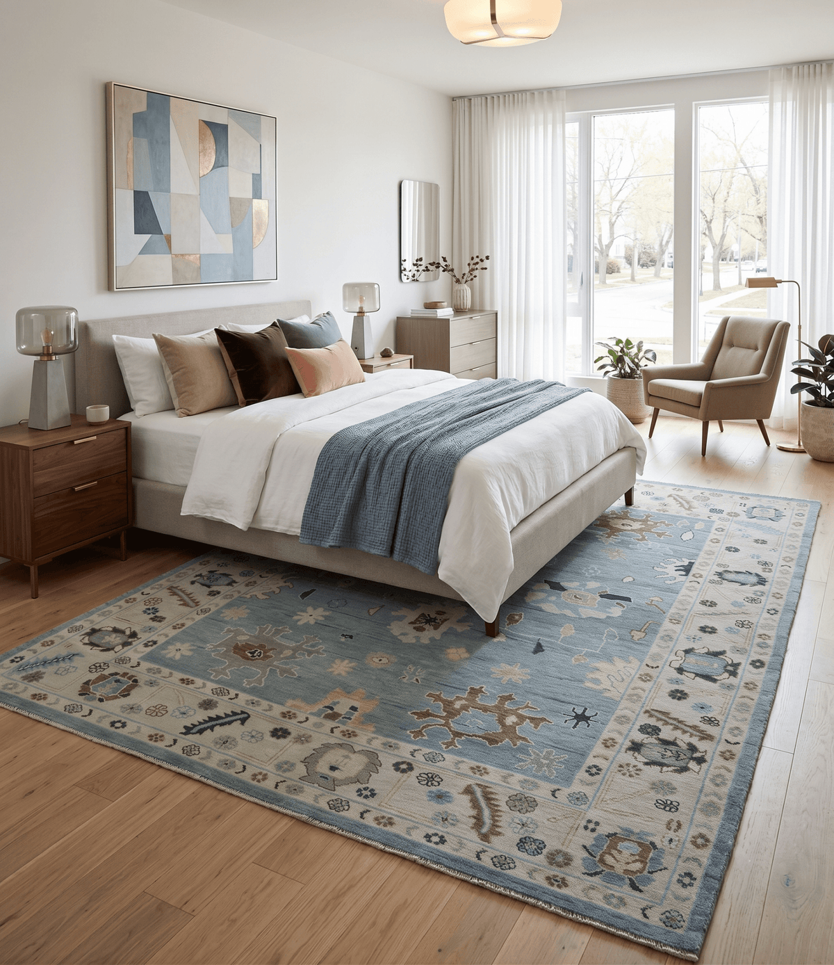 Hand Knotted Gray and Beige Traditional Oushak Wool Rug.