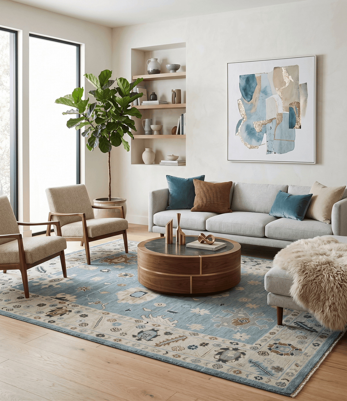 Hand Knotted Gray and Beige Traditional Oushak Wool Rug.