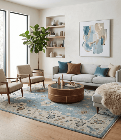 Hand Knotted Gray and Beige Traditional Oushak Wool Rug.