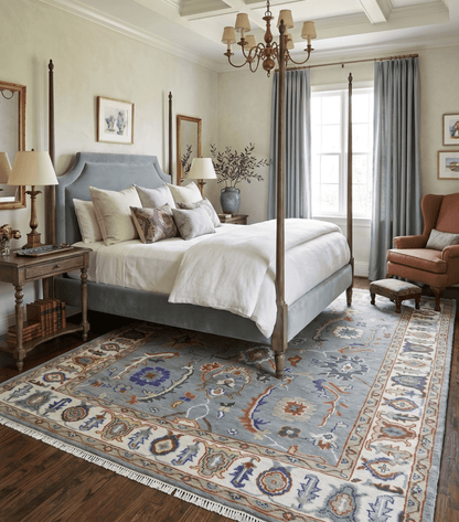 Hand Knotted Gray and Ivory Traditional Oriental Oushak Wool Area Rug.