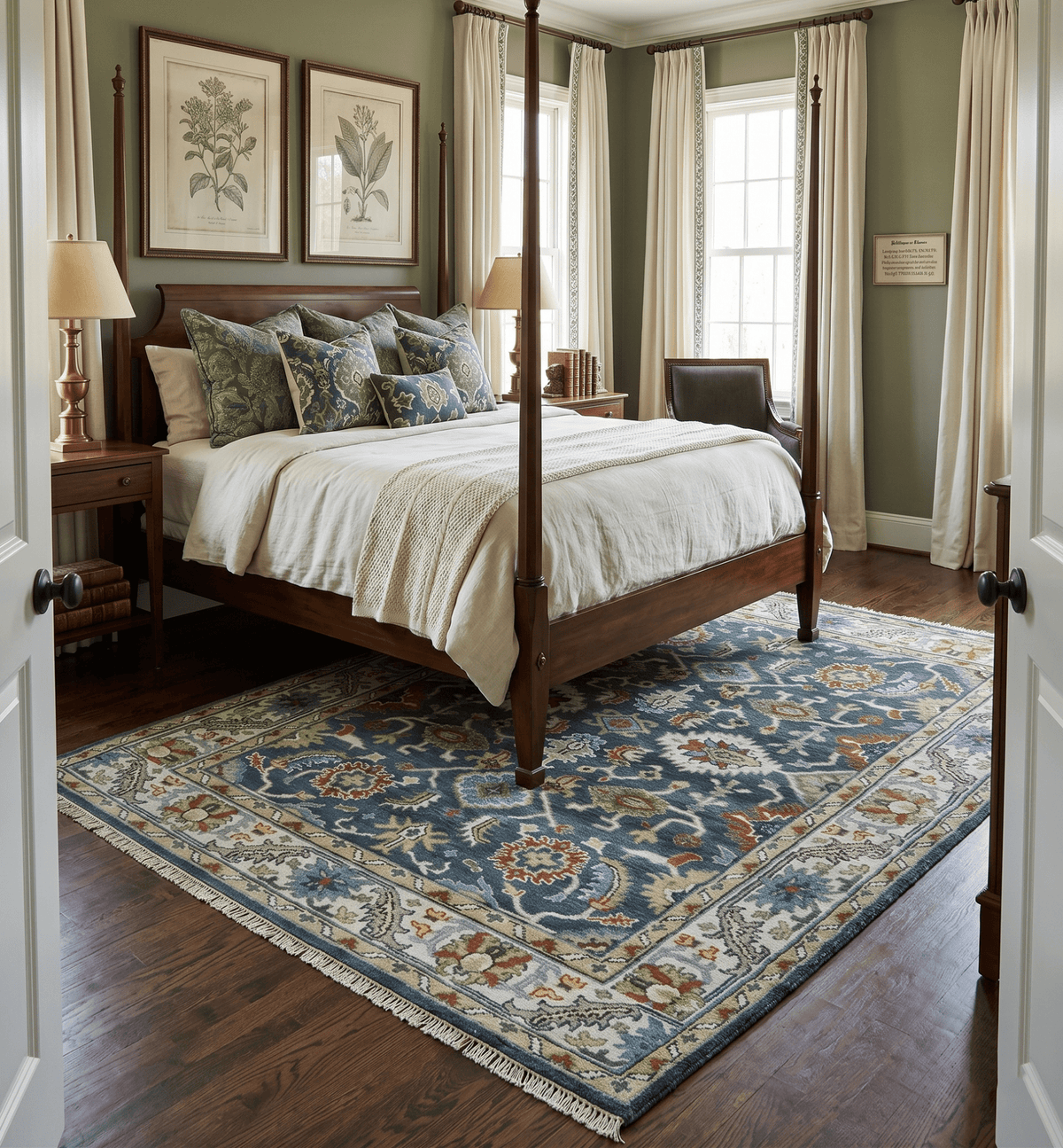 Hand Knotted Green and Ivory Traditional Oriental Oushak Custom Made Wool Area Rug.