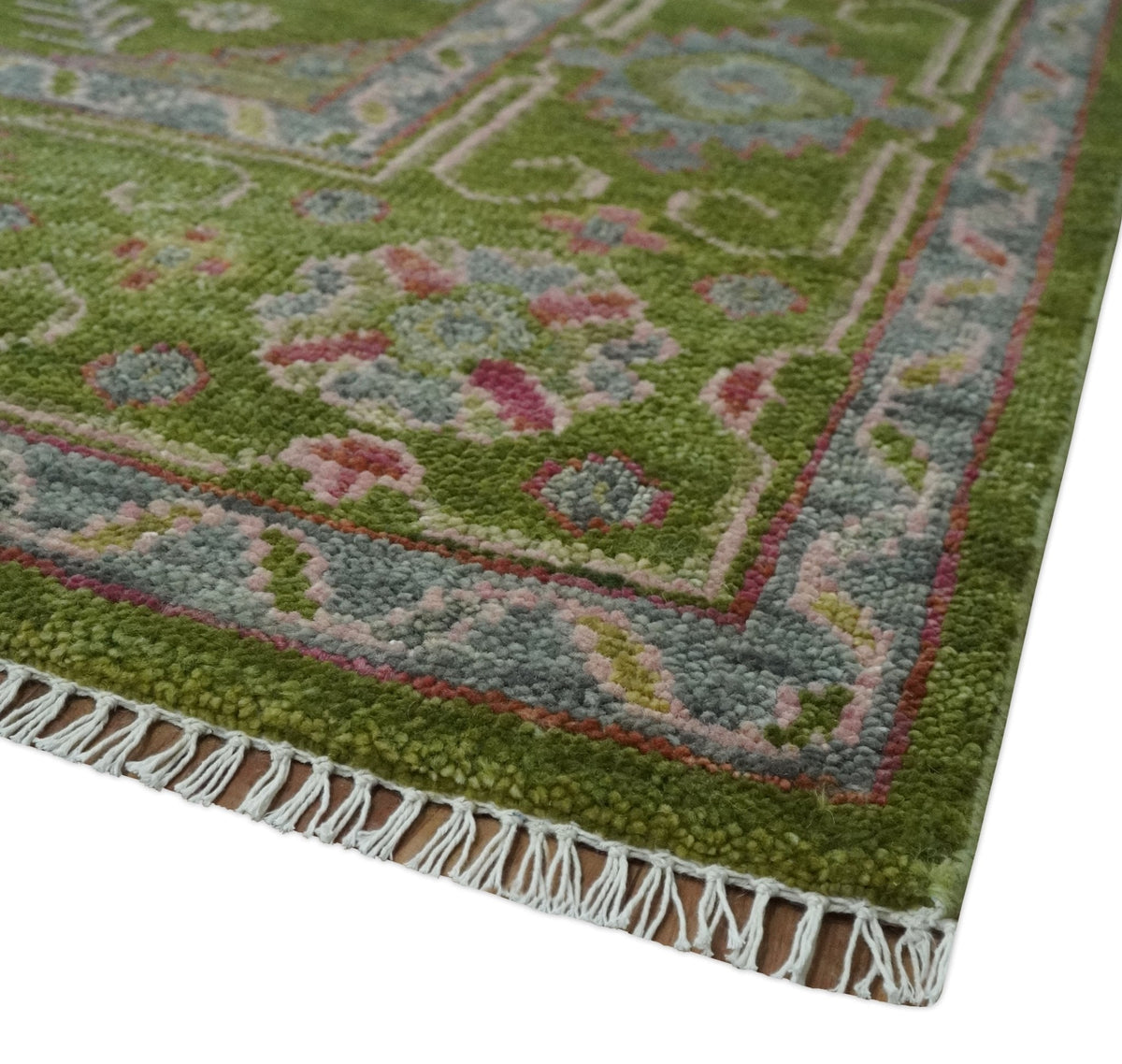 Hand Knotted Green and Silver Traditional Multi Size Antique Wool Area Rug.