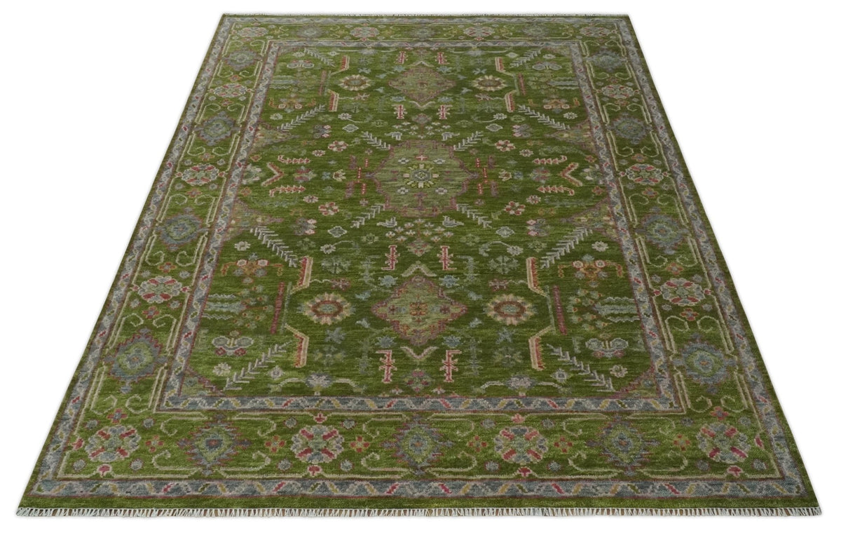 Hand Knotted Green and Silver Traditional Multi Size Antique Wool Area Rug.