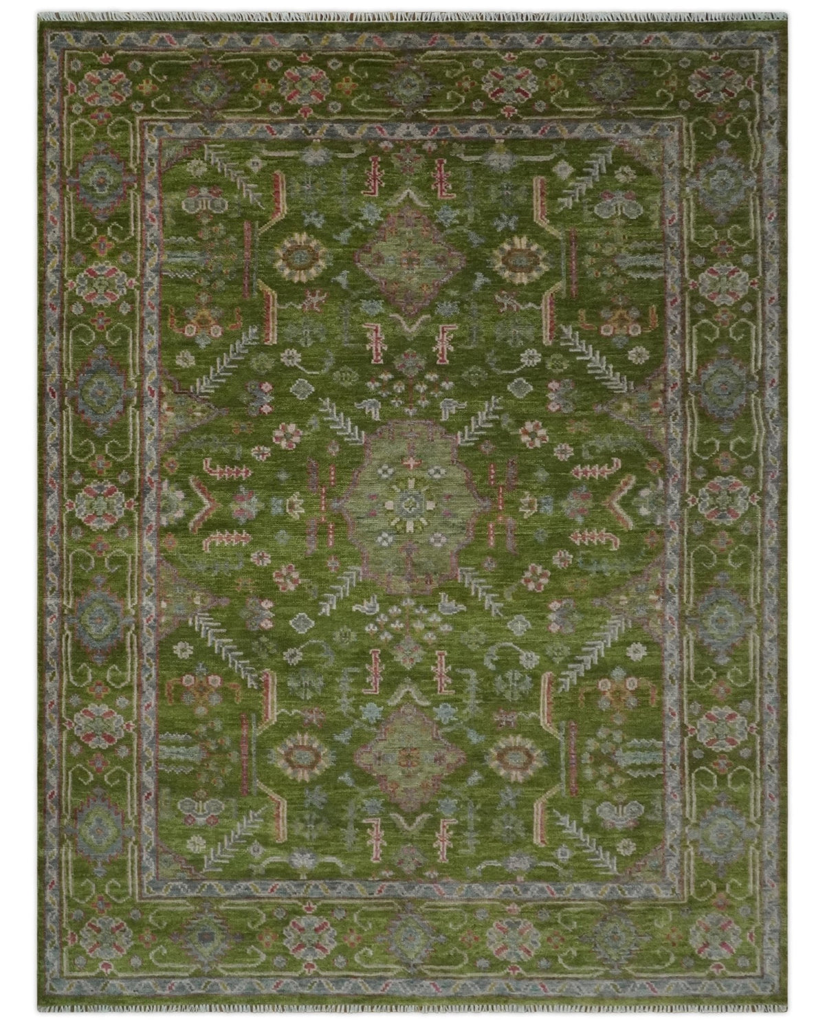 Hand Knotted Green and Silver Traditional Multi Size Antique Wool Area Rug.