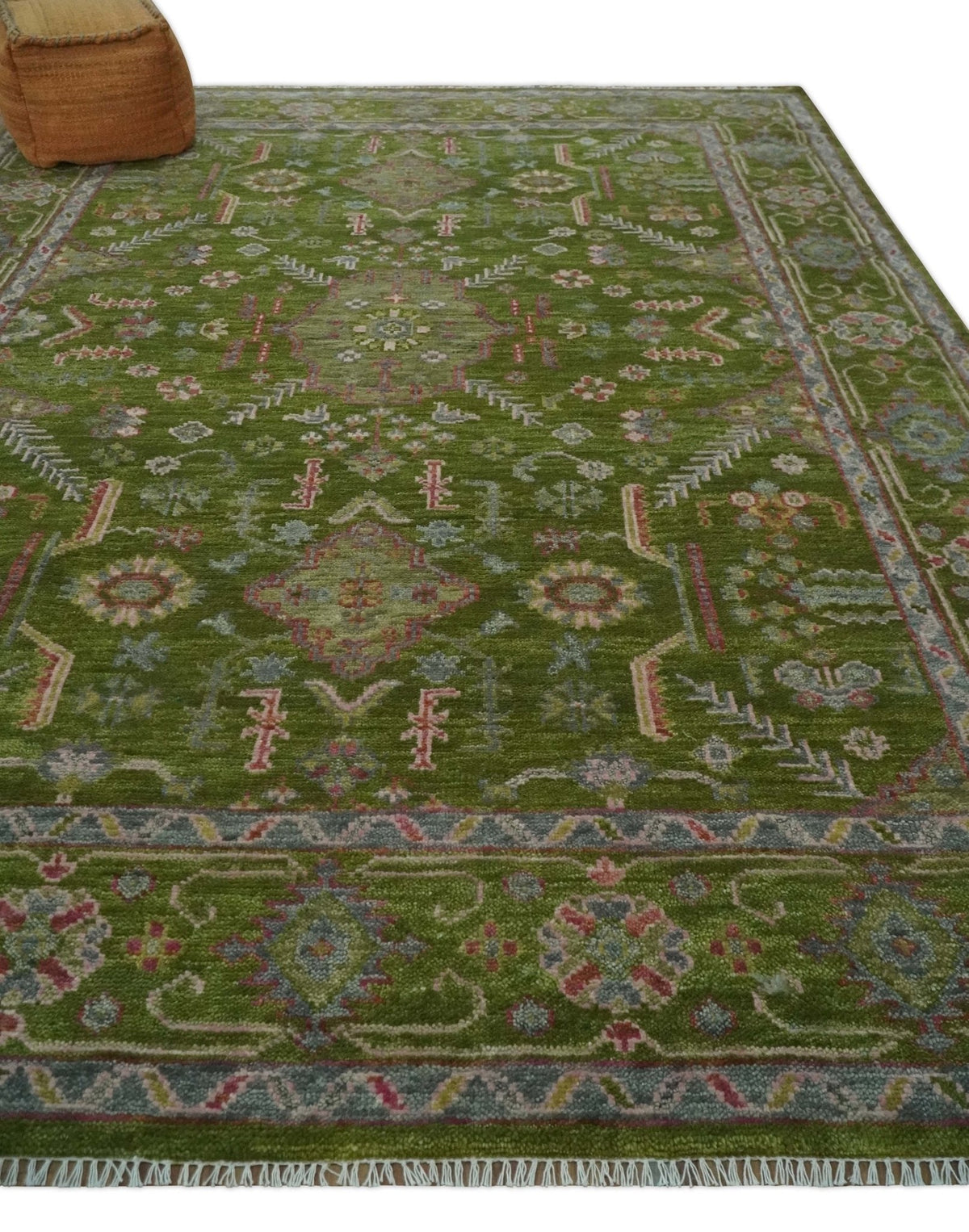 Hand Knotted Green and Silver Traditional Multi Size Antique Wool Area Rug.