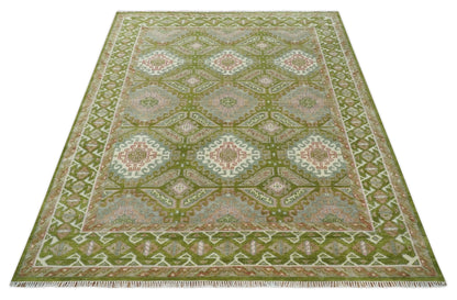 Hand Knotted Green, Ivory and Silver Oriental Traditional Multi Size Wool Area Rug.