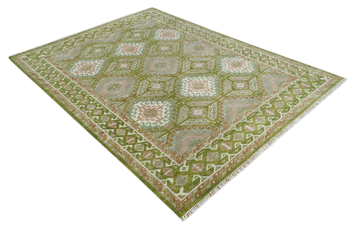 Hand Knotted Green, Ivory and Silver Oriental Traditional Multi Size Wool Area Rug.