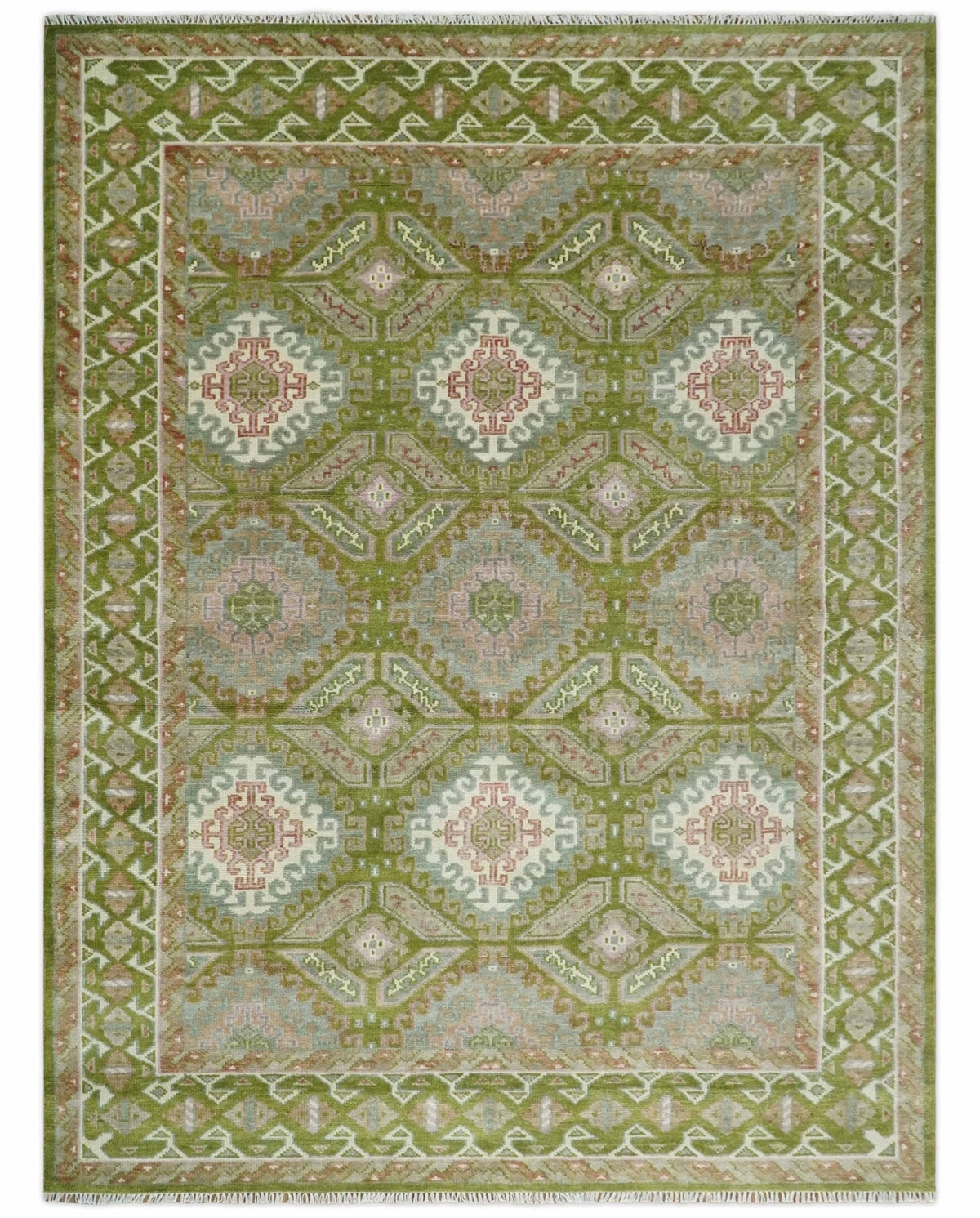Hand Knotted Green, Ivory and Silver Oriental Traditional Multi Size Wool Area Rug.