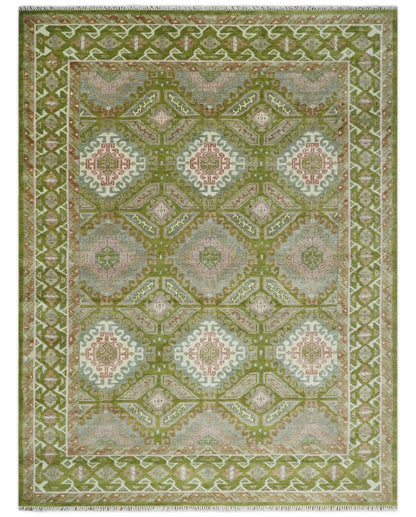 Hand Knotted Green, Ivory and Silver Oriental Traditional Multi Size Wool Area Rug.