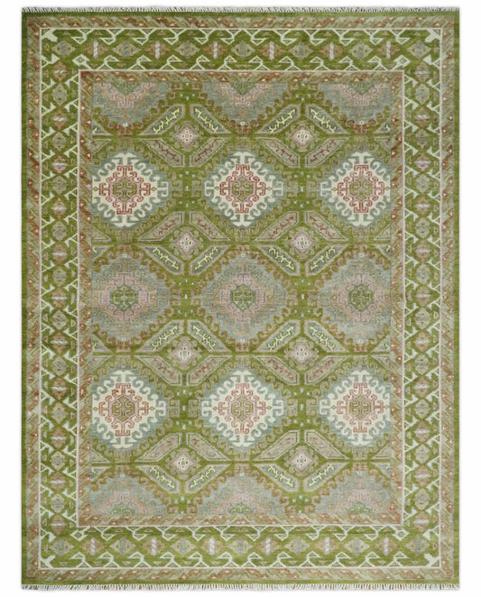 Hand Knotted Green, Ivory and Silver Oriental Traditional Multi Size Wool Area Rug.